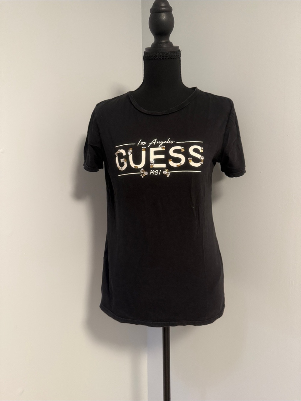 GUESS Black Short-Sleeve Logo Tee with Metallic Accents
